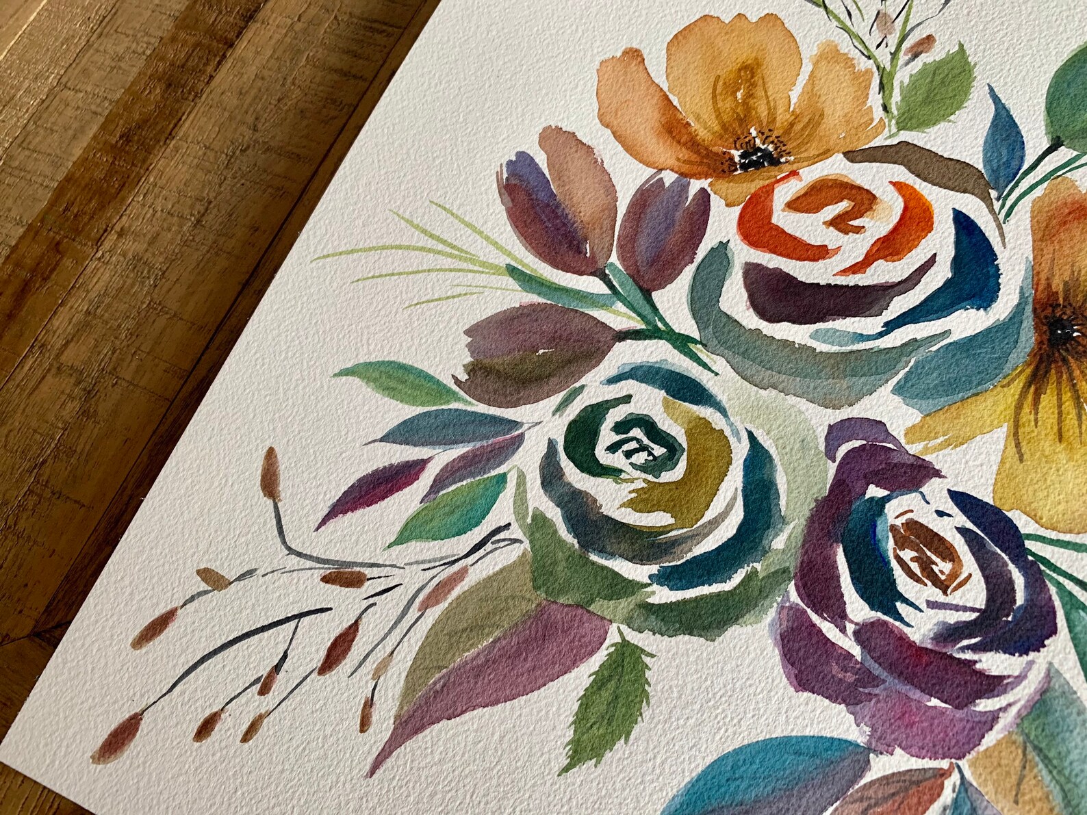 Original Hand Painted Watercolor Neutral Colored Flowers, Hand Drawn