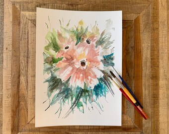 Pintura de acuarela original, melocotón y rosa suelta flores abstractas, pintura hecha a mano, 11 "x 14"