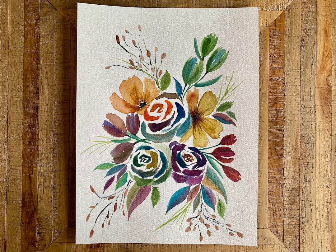 Original Hand Painted Watercolor Neutral Colored Flowers, Hand Drawn