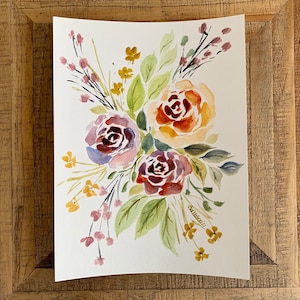 Pittura acquerello originale, fiori misti rossi, blu e gialli, pittura fatta a mano, 9 "x12"