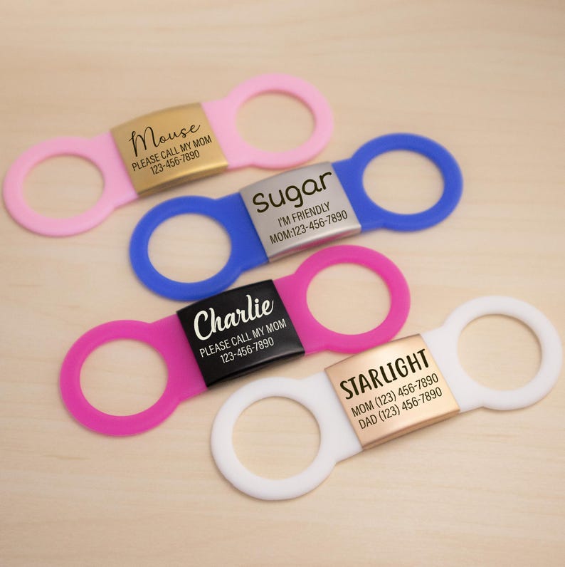 Silent Dog Name Tags_Slide on Dog Tags Stainless Steel Metal, Silver, Black, Rose Gold, Gold.  red silicone rubber band, come with an extra silicone rubber band