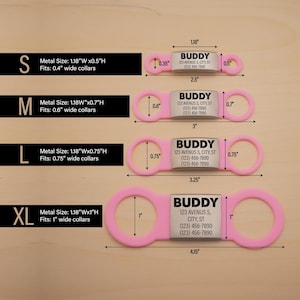 Silent Dog Name Tags_Sizes_Small, Medium, Large, and Extra Large, silver metal and light pink silicone rubber