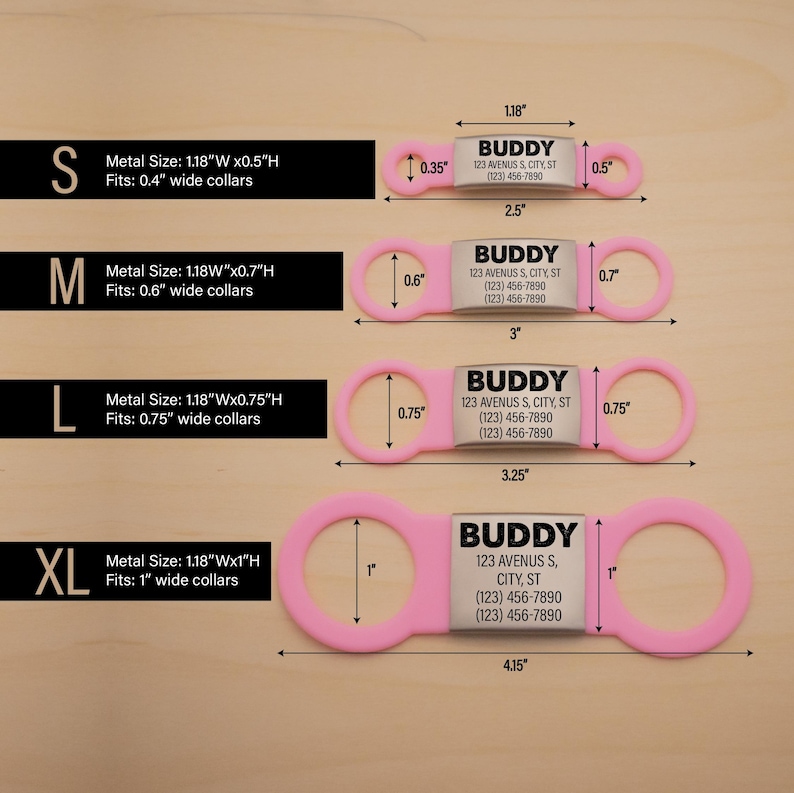 Silent Dog Name Tags_Sizes_Small, Medium, Large, and Extra Large, silver metal and light pink silicone rubber