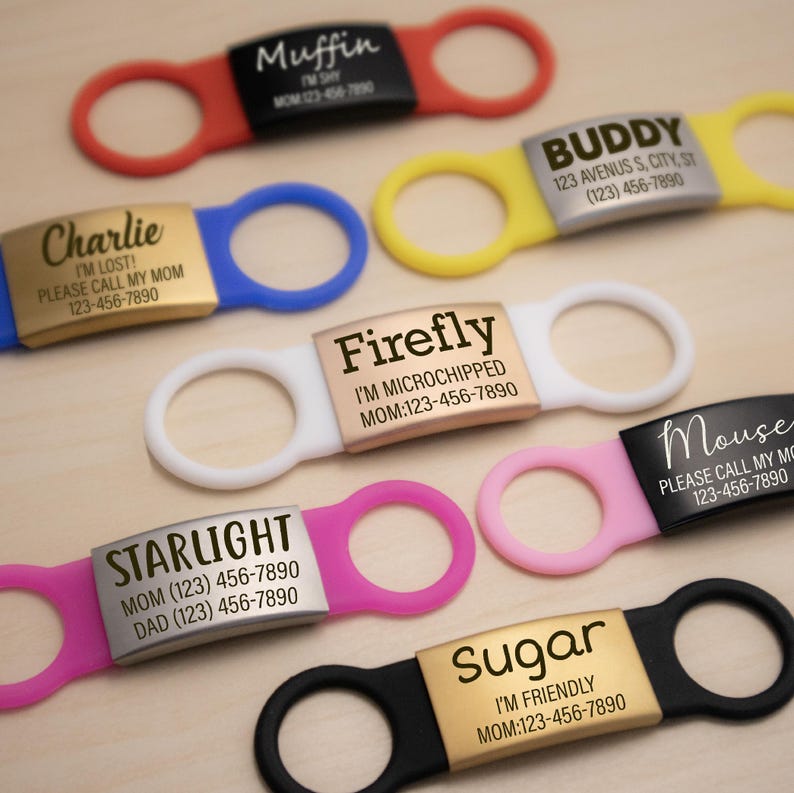 Silent Dog Name Tags_Slide on Dog Tags Stainless Steel Metal, Silver, Black, Rose Gold, Gold.  red silicone rubber band, come with an extra silicone rubber band