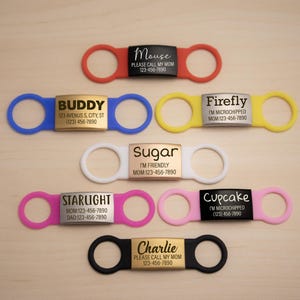 Silent Dog Name Tags_Slide on Dog Tags Stainless Steel Metal, Silver, Black, Rose Gold, Gold.  red silicone rubber band, come with an extra silicone rubber band
