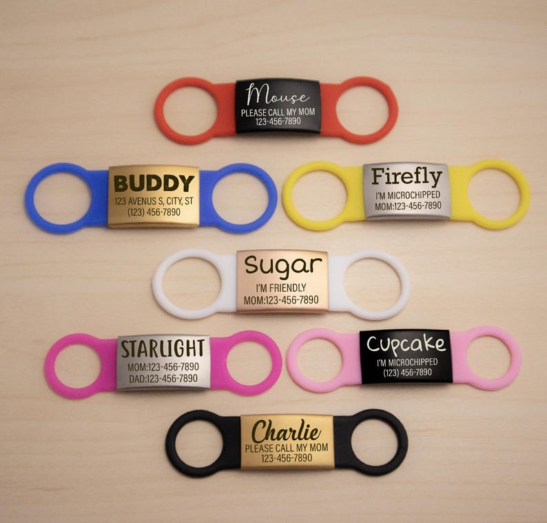 Silent Dog Name Tags_Slide on Dog Tags Stainless Steel Metal, Silver, Black, Rose Gold, Gold.  red silicone rubber band, come with an extra silicone rubber band