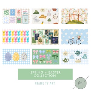 Könnte beinhalten: Eine Sammlung digitaler Illustrationen mit Frühlings- und Ostermotiven. Die Designs beinhalten Blumenmuster, Kreuzsymbole, pastellfarbene Eier, Hasen, Teekannen und Fahrräder. Der Text "Spring + Easter Collection" und "Frame TV Art" ist auf dem Bild zu sehen.
