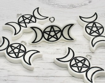 2 x Pentagram with Moon Charms in White with Black, Pentagram Charm, Jewellery Making, Craft Supplies, Pendant, Jewellery Finding