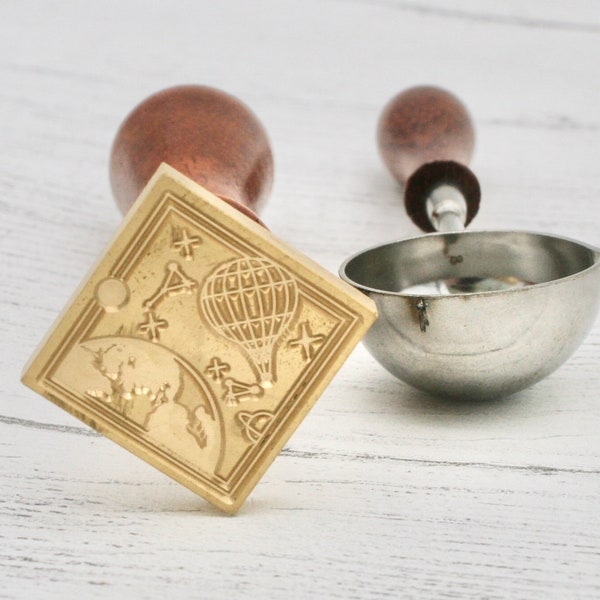 Hot Air Balloon Metal Square Wax Stamp And Spoon, Wax Seal, Hot Air Balloon Wax Stamp, Square Wax Stamp for sealing envelopes Craft Supplies