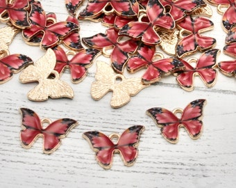 Red Enamel Charms Enamel Butterfly Pendant Set of 5 Red Butterfly Charms Gold Keychain Charms