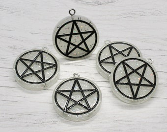 2 x Pentagram Charms with Glitter in White with Black, Pentagram Charm, Jewellery Making, Craft Supplies, Pendant, Jewellery Finding