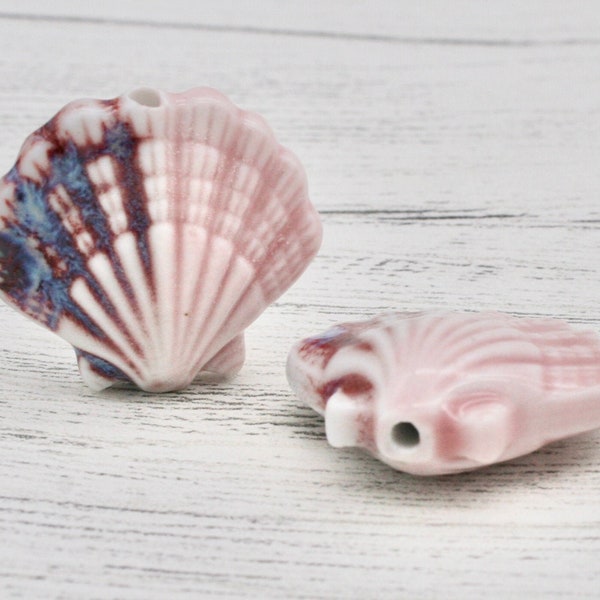 2 x Ceramic Porcelain Pink Scallop Shell Beads With Centre Hole, Craft Supplies, Jewellery Making, Ceramic, Bead Jewellery Supply