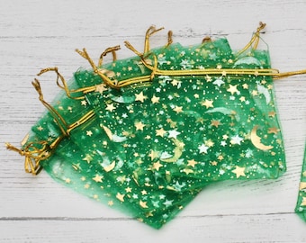 Bolsas de organza con luna y estrella verde y dorada de 9 cm x 12 cm, bolsas de regalo, bolsas de joyería, embalaje, bolsas de regalo, organza, bolsas con cordón, bolsas