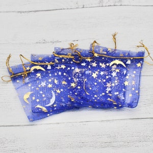 9cm x 12cm Blue And Gold Moon And Star Organza Bags, Gift bags, Jewellery Bags, Packaging, Gift Bags, Organza, Pull String Bags, Bags