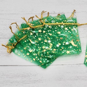 9cm x 12cm Green and Gold Moon And Star Organza Bags, Gift bags, Jewellery Bags, Packaging, Gift Bags, Organza, Pull String Bags, Bags