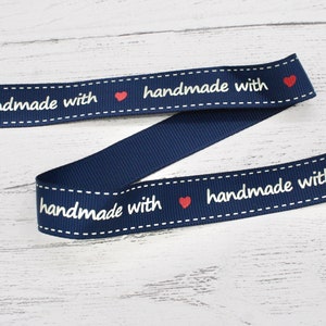 1,5 Meter Handgemachtes Band 1,6cm breit, Blau Handarbeit mit Liebe Druckband, Mit Liebe Band, Bastelband, Mutiges Design, Bastelzubehör