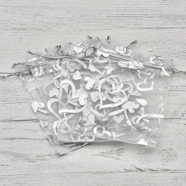 7cm x 9cm Silver Heart Organza Bags, Silver Organza with Silver Hearts, Gift bag, Jewellery Bags, Packaging, Organza, Pull String Bags, Bags