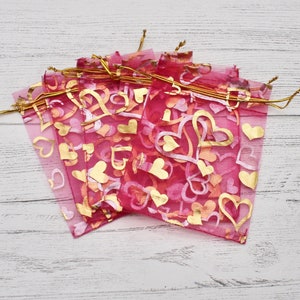 7cm x 9cm Hot Pink Heart Organza Bags, Pink with Gold and Silver Hearts, Gift bag, Jewellery Bag, Packaging, Organza, Pull String Bags, Bags