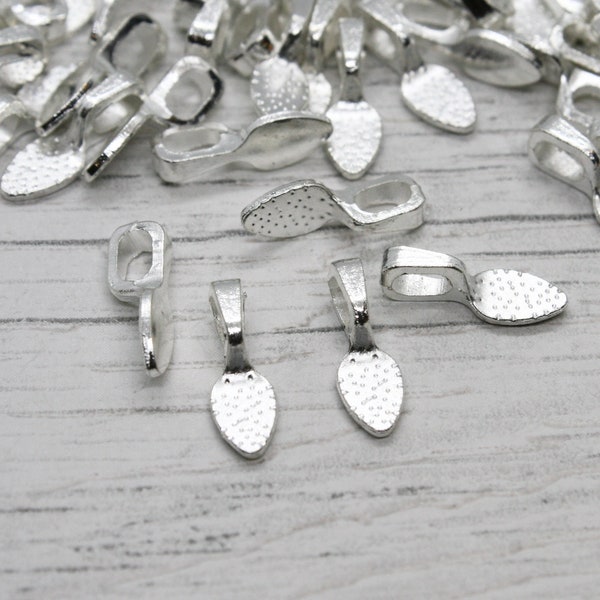 10 x Silver Oval Leaf Glue On Pendant Bails, Cabochon, Jewellery Making, Bails, Craft Supplies, Necklace Making