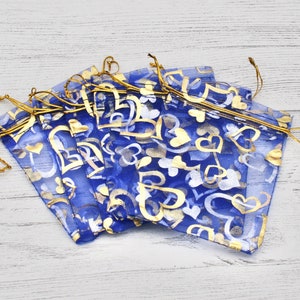 9cm x 12cm Blue Heart Organza Bags, Blue with Gold and Silver Hearts, Gift bags, Jewellery Bags, Packaging, Organza, Pull String Bags, Bags
