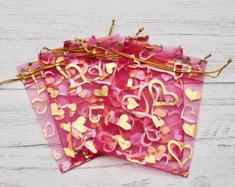 11cm x 16cm Hot Pink Heart Organza Bags, Pink with Gold and Silver Hearts, Jewellery Bags, Packaging, Organza, Pull String Bags, Bags