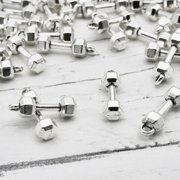 10 x Silver Dumbbell Charms, Jewellery Making, Craft Supplies, Metal Charms, Charms, Jewellery Findings, Pendant