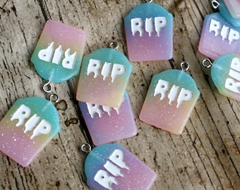 2 x RIP Gravestone Pastel Charms With Loop, Halloween, Charms, Jewellery Making, Bails, Craft Supplies, Necklace Making, Bracelet Charm