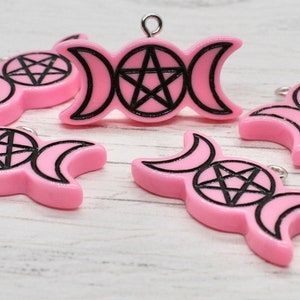 2 x Pentagram with Moon Charms in Pink with Black, Pentagram Charm, Jewellery Making, Craft Supplies, Pendant, Jewellery Finding