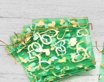 9cm x 12cm Green Heart Organza Bags, Green with Gold and Silver Hearts, Gift bags, Jewellery Bags, Packaging, Organza, Pull String Bags