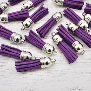 5 x Purple Leather Tassels, Faux Leather Tassels for craft, Key ring tassels, Keychain tassels, Craft Supplies, Purple with Silver Cap