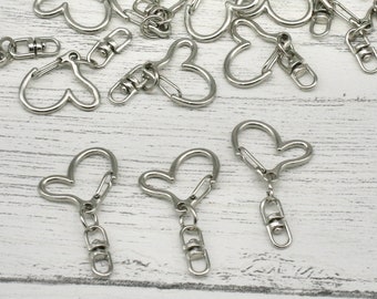 Heart Shape Silver Tone Keyring Chains, 5 x Heart Keyring, Handbag Ring, Craft Supplies, Key Ring Attachments, Heart Keyring clip