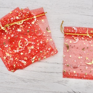 9cm x 12cm Red and Gold Moon and Star Organza Bags, Gift bags, Jewellery Bags, Packaging, Gift Bags, Organza, Pull String Bags, Bags