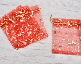 7cm x 9cm Red and Gold Moon and Star Organza Bags, Gift bags, Jewellery Bags, Packaging, Gift Bags, Organza, Pull String Bags, Bags