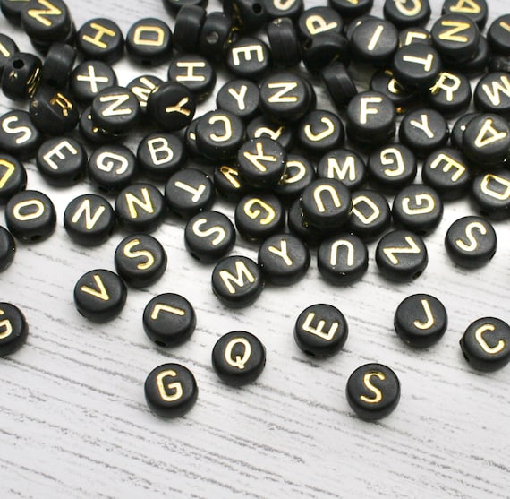 50x Alphabet Black Acrylic Beads With Hole, Black With Gold Letters,  Alphabet Beads, Letter Beads, Mixed Letter Beads, Jewellery Making 