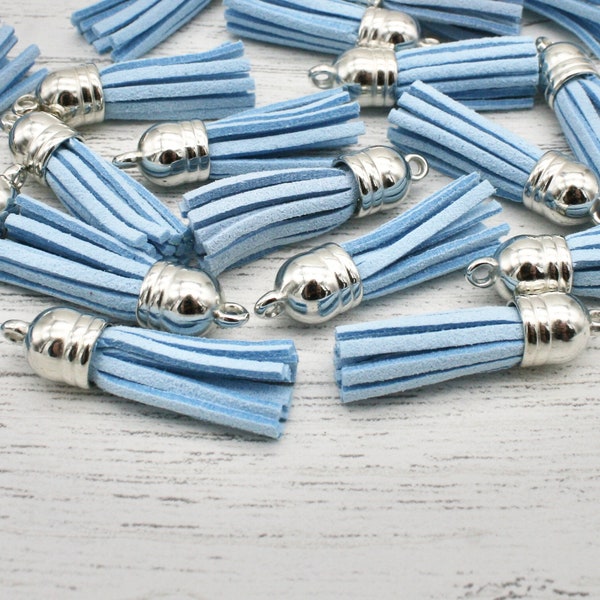 5 x Baby Blue Leather Tassels, Faux Leather Tassels for craft, Key ring tassels, Keychain tassels, Craft Supplies, Blue with Silver Cap