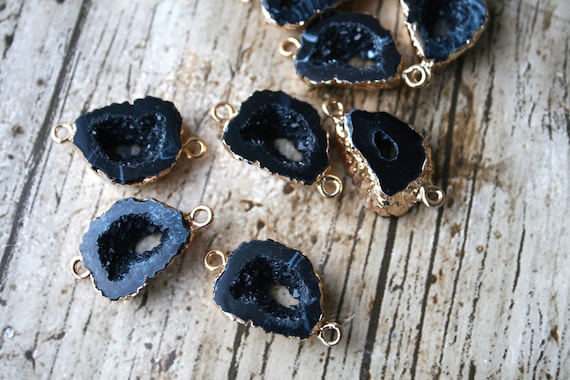 2 Black Resin Druzy Gold Tone Connector Charms Black Charm Druzy