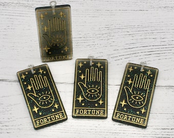 2 x Amuletos de Cartas del Tarot de la Fortuna con Purpurina en Negro y Oro, Fabricación de Joyas, Suministros de Artesanía, Amuletos Colgantes, Hallazgos de Joyas, Colgante