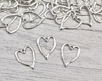 5 x Heart Charms, Silver Heart Metal Charms, Jewellery Making Supplies, Craft Supplies, Love Heart Charms