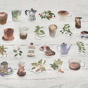 21 pegatinas de café mixtas, pegatinas de café, pegatinas, sellos, pegatinas de café, suministros para manualidades, álbumes de recortes, envoltorios de regalo, sellos de sobres