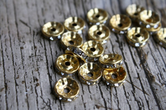 10 X Crystal Gold Tone Rhinestone Rondelles, Spacer, Jewellery Making,  Craft Supplies, Metal Charms, Charms, Jewellery Findings, Pendant -   Sweden