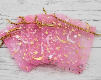 7cm x 9cm Pink And Gold Moon And Star Organza Bags, Gift bags, Jewellery Bags, Packaging, Gift Bags, Organza, Pull String Bags, Bags