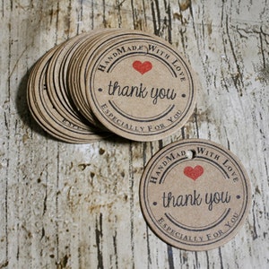 Round Handmade Thank You with a Heart Tags, Thank You Label, Thank You, Gift Tags, Labels, Business Packaging, Party, Price Tags