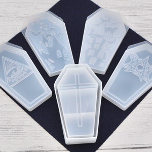 5pcs Coffin and Lid Silicone Mould Set, Coffin Silicone Mould with 4 Lids, Cross detail Coffin Mould with 4 Lids, Trinket Box