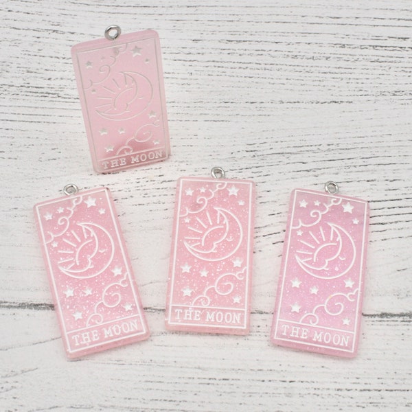 2 x The Moon Tarot Card Charms with Glitter in Light Pink and White, Jewellery Making, Craft Supplies, Pendant, Jewellery Finding, Earring