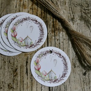 ガーランド ギフト タグ、チューリップ ガーランドとハートのギフト タグ、ありがとう、ギフト タグ、ラベル、ビジネス パッケージ、パーティー、値札