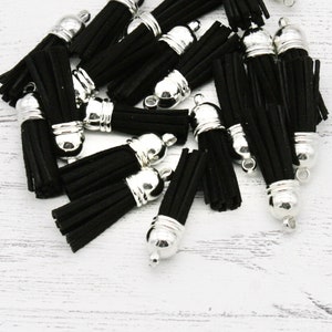 10 x Black Leather Tassels, Faux Leather Tassels for craft, Key ring tassels, Keychain tassels, Bag Tassel, Black Tassels with Silver Cap