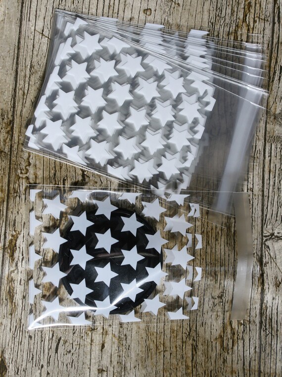 10 X Self Adhesive Clear Bags 8cm X 10cm Clear With White Stars