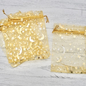 9cm x 12cm Gold Moon and Star Organza Bags, Gift bags, Jewellery Bags, Packaging, Gift Bags, Organza, Pull String Bags, Bags