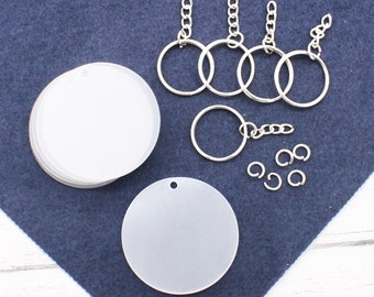 Clear Round Acrylic Blanks with Silver Tone Keyring Chains, Transparent Circle Discs Set, Split Ring Keyring, Keyring Blanks, Acrylic Blank