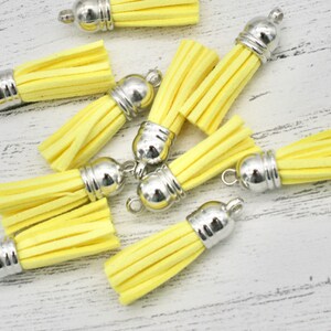 10 x Yellow Leather Tassels, Faux Leather Tassels for craft, Key ring tassels, Keychain tassels, Craft Supplies, Lemon Tassels, Silver Cap